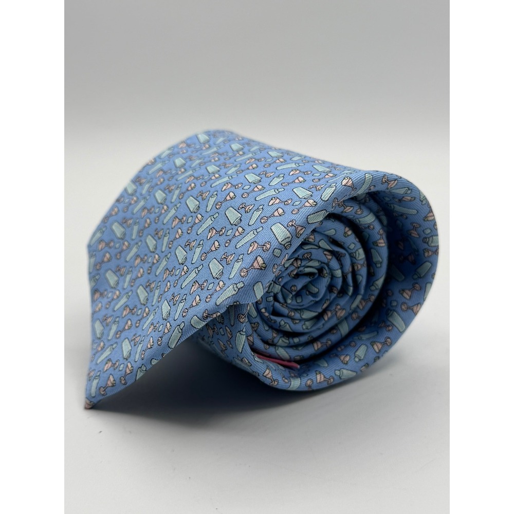 Vineyard Vines Mens Silk Tie Blue Martini Cocktail Shaker Barware Print 2003577